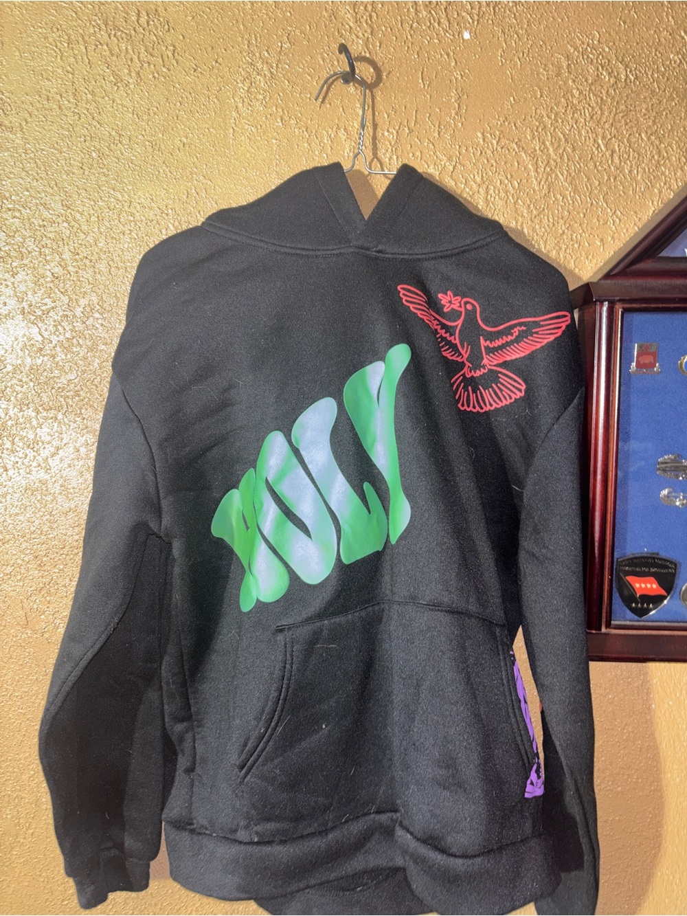 Black Graphic Hoodie Jacket with Green & Red Prints